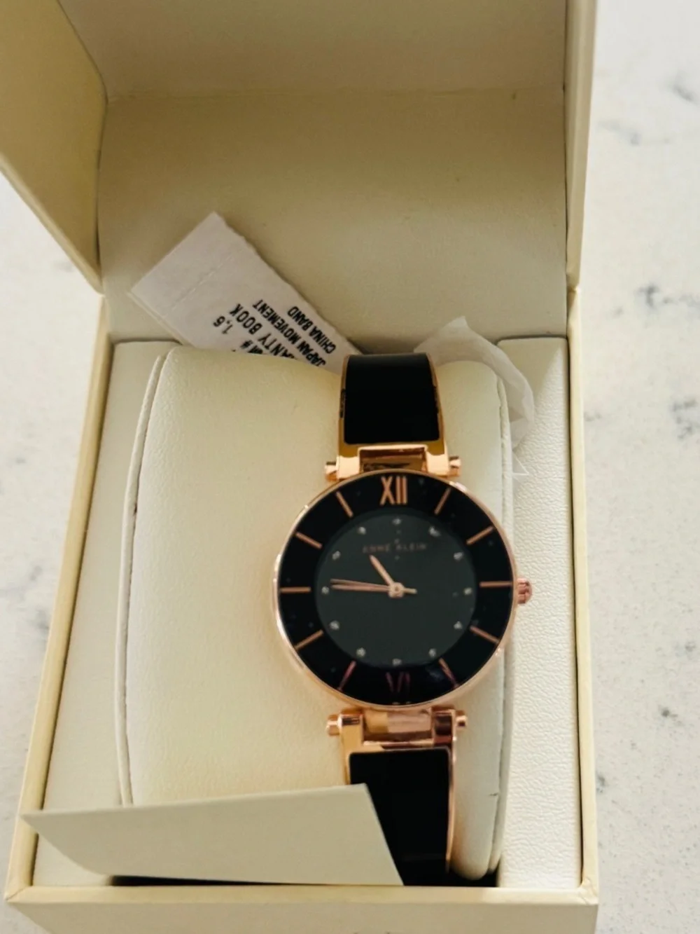 Anne Klein Rose Gold-Tone and Black Bangle Watch